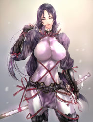 Rule 34 | 1girl, arm guards, bodysuit, breasts, closed mouth, commentary request, fate/grand order, fate (series), fingerless gloves, gloves, hand up, highres, koyama sousuke, large breasts, loincloth, long hair, low-tied long hair, minamoto no raikou (fate), parted bangs, purple bodysuit, purple eyes, purple hair, ribbed sleeves, rope, standing, sword, sword behind back, tabard, very long hair, weapon