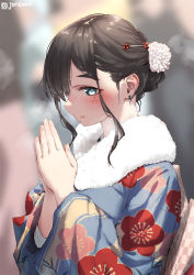Rule 34 | 1girl, blue eyes, blue kimono, blurry, blurry background, brown hair, closed mouth, commentary request, floral print, hair ornament, japanese clothes, jonsun, kimono, long sleeves, looking at viewer, mole, mole under eye, original, praying, print kimono, short hair, solo, tamami (jonsun), thick eyebrows, twitter username, upper body