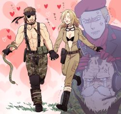 Rule 34 | 1girl, 3boys, 50yen (gojiue), :d, ^ ^, ammunition pouch, anger vein, beard, belt, big boss, black gloves, blonde hair, blush, boots, breasts, brown hair, camouflage, camouflage legwear, cleavage, closed eyes, crying, crying with eyes open, eva (metal gear), eyepatch, facial hair, gloves, goggles, goggles around neck, grass, hat, headband, headset, heart, holding, holding hands, holster, jealous, leg up, long hair, medium breasts, metal gear (series), metal gear solid 3: snake eater, multiple boys, muscular, mustache, naked snake, navel, open mouth, pouch, revolver ocelot, running, scar, smile, snake, streaming tears, tears, the end (metal gear), topless male, translation request, trembling