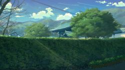 Rule 34 | architecture, cloud, commentary, contrail, day, east asian architecture, hedge, highres, kamo nasus., no humans, original, outdoors, scenery, shrine, sky, tree