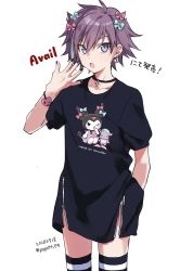 Rule 34 | 1boy, black nails, black shirt, black thighhighs, blue bow, bow, bracelet, collarbone, commentary request, cowboy shot, cross, cross necklace, dated, earrings, english text, hair between eyes, hair bow, hand up, highres, hiiragi jun, jewelry, kuromi, lock, lock earrings, long shirt, looking at viewer, male focus, multicolored hair, nail polish, necklace, onegai my melody, open mouth, pink bow, potti-p, purple eyes, purple hair, sanrio, shirt, short hair, short sleeves, simple background, solo, streaked hair, thighhighs, translation request, trap, twitter username, white background, white thighhighs