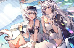 Rule 34 | 2girls, animal ear fluff, animal ears, arknights, armband, bandeau, bare arms, bare shoulders, bead necklace, beads, belt, black belt, black cape, black gloves, braid, cabbie hat, cape, cliffheart (arknights), commentary, coyucom, cup, drinking straw, gloves, grey eyes, hair between eyes, hands up, hat, head chain, holding, holding cup, jacket, jewelry, leopard ears, looking at another, multiple girls, necklace, open mouth, pramanix (arknights), short hair, siblings, silver hair, sisters, sitting, sleeveless, sleeveless jacket, strapless, thighhighs, tube top, twin braids, white headwear, white jacket, white legwear