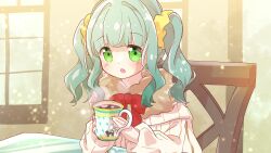 Rule 34 | 1girl, :o, absurdres, blunt bangs, blush, brown scarf, chair, cup, dot nose, fur scarf, futaba sana, futaba sana (winter costume), green eyes, hair ornament, hair scrunchie, highres, holding, holding cup, long sleeves, looking at viewer, magia record: mahou shoujo madoka magica gaiden, mahou shoujo madoka magica, medium hair, megitti, mug, official alternate costume, open mouth, red ribbon, ribbed sweater, ribbon, scarf, scrunchie, sidelocks, solo, steam, sweater, twintails, upper body, wavy hair, white sweater, yellow scrunchie