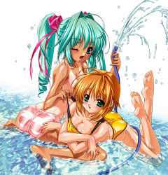 Rule 34 | 2girls, ;d, artist request, ass, bikini, blush, breast rest, breasts, cleavage, copyright request, crossed arms, hose, lying, medium breasts, multiple girls, on stomach, one-piece tan, one eye closed, open mouth, shallow water, sitting, smile, soles, spread legs, strap lift, striped bikini, striped clothes, swimsuit, tan, tanline, topless, water, wink
