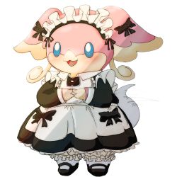 Rule 34 | 1girl, :3, absurdres, animal ears, apron, audino, black bow, black dress, black footwear, blank eyes, bloomers, blue eyes, blush, body fur, bow, buttons, clothed pokemon, creatures (company), dress, ear bow, female focus, flat chest, frilled apron, frilled dress, frills, full body, furry, furry female, game freak, gen 5 pokemon, hands up, happy, highres, light blush, long sleeves, maid, maid apron, maid headdress, motion lines, nintendo, open mouth, own hands together, pink fur, pokemon, pokemon (creature), red leopard, simple background, smile, socks, solo, standing, tail, tail wagging, two-tone fur, underwear, white apron, white background, white bloomers, white socks, yellow fur