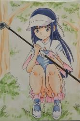 Rule 34 | 1girl, absurdres, amawashi aoi, ashigaki radar, birdie wing: golf girls&#039; story, black eyes, blue footwear, blue hair, blue shirt, breasts, capelet, censored, forest, gloves, golf club, grass, hat, highres, holding, long hair, looking down, nature, no panties, peeing, pink skirt, pink socks, pussy, shirt, shoes, single glove, skirt, small breasts, smile, socks, solo, squatting, tree, visor cap, white capelet, white gloves, white hat