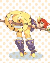 Rule 34 | 1girl, bandages, bandaged leg, bandages, bent over, breath of fire, breath of fire ii, fingerless gloves, from behind, gloves, green eyes, holding, holding staff, looking at viewer, looking back, monster girl, parted lips, polka dot, polka dot background, purple footwear, red hair, rinpoo chuan, slit pupils, solo, staff, stirrup footwear, striped tail, tail, tail censor, tiger tail, vins-mousseux