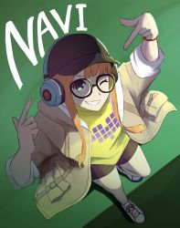 Rule 34 | 1girl, arms up, black hat, black shorts, blue footwear, blunt bangs, coat, glasses, green background, green coat, hand up, happy, hat, headphones, headphones over headwear, heart, highres, hime cut, long hair, looking at viewer, looking up, one eye closed, open mouth, orange hair, persona, persona 5, persona 5 scramble: the phantom strikers, pixel heart, pointing, pointing at self, pppppknw, purple eyes, sakura futaba, shirt, shoes, short shorts, shorts, simple background, sleeves rolled up, smile, sneakers, solo, t-shirt, teeth, two-tone background, wall, yellow shirt