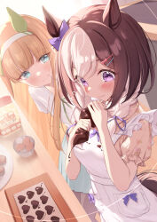 Rule 34 | 2girls, animal ears, apron, aqua eyes, bow, brown hair, candy, chocolate, chocolate heart, chocolate on clothes, closed mouth, commentary request, ear bow, ear covers, food, hairband, heart, highres, horse ears, horse girl, horse tail, long hair, looking at another, multicolored hair, multiple girls, orange hair, purple bow, purple eyes, saboten mushi, short hair, silence suzuka (umamusume), smile, special week (umamusume), tail, two-tone hair, umamusume, white apron, white hair, white hairband