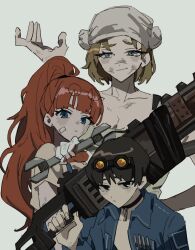 Rule 34 | 1boy, 2girls, absurdres, aqua eyes, black choker, blue jacket, chainsaw, choker, eyewear on head, head scarf, high ponytail, highres, holding, holding weapon, holding wrench, jacket, limbus company, long hair, looking at viewer, meisenlcb, mika (project moon), multiple girls, olga (project moon), open clothes, open jacket, project moon, rain (project moon), red hair, round eyewear, simple background, upper body, very long hair, weapon, white background, wrench