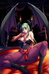 Rule 34 | 1girl, animal print, bare shoulders, bat print, bat wings, bed, boots, breasts, bridal gauntlets, candle, canopy bed, capcom, demon girl, elbow gloves, finger to mouth, gloves, green eyes, green hair, head wings, heart, high heels, kongeraatio, large breasts, leotard, long hair, matching hair/eyes, morrigan aensland, pantyhose, print pantyhose, ribbon, shoes, sitting, solo, thick thighs, thighs, vampire (game), wings
