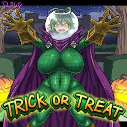 Rule 34 | 1girl, antenna hair, blush, breasts, candy, cape, cosplay, dr. bug, food, full body, gloves, green hair, halloween, halloween costume, highres, jack-o&#039;-lantern, large breasts, marvel, mysterio, mysterio (cosplay), nipples, open mouth, smile, solo, spider-man (series), torn clothes, trick or treat, yellow eyes
