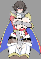 Rule 34 | 1girl, armor, black hair, blush, breasts, breasts out, cape, covering privates, covering breasts, covering crotch, cowboy shot, crotchless, fiorayne (monster hunter), gauntlets, grey background, highres, large breasts, lc 7v2, lips, looking at viewer, monster hunter (series), purple eyes, reverse bikini armor, reverse outfit, short hair, shoulder armor, simple background, smile, solo, steam, sweat