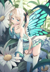 Rule 34 | 1girl, ahoge, bare shoulders, blue dress, blue eyes, blue flower, blurry, blurry foreground, butterfly hair ornament, butterfly wings, closed mouth, collarbone, commentary request, depth of field, dress, feet out of frame, flower, frilled sleeves, frills, hair flower, hair ornament, highres, insect wings, light brown hair, long hair, long sleeves, mini person, minigirl, original, side ponytail, solo, strapless, strapless dress, thighhighs, topia, very long hair, white flower, white thighhighs, wide sleeves, wings