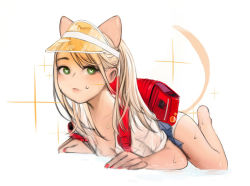 Rule 34 | 1girl, animal ears, ass, azelweien, bag, bare arms, bare legs, bare shoulders, blonde hair, breasts, cat ears, cat girl, cleavage, closed mouth, collarbone, green eyes, heart, heart-shaped pupils, looking at viewer, lying, medium breasts, on stomach, original, school bag, sketch, solo, symbol-shaped pupils, traditional media, white background