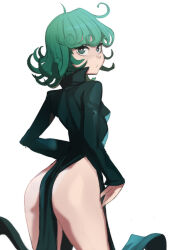 Rule 34 | 1girl, ass, breasts, closed mouth, collared dress, dress, green dress, green eyes, green hair, highres, long sleeves, looking at viewer, looking back, medium hair, one-punch man, sho-n-d, simple background, small breasts, solo, tatsumaki, white background
