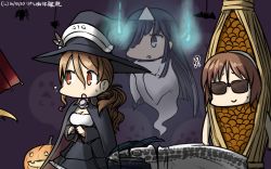 Rule 34 | !?, 3girls, black hair, brown hair, cape, commentary request, dated, flying sweatdrops, ghost, giving up the ghost, hair over one eye, hairband, halloween, hamu koutarou, hat, hayashimo (kancolle), highres, jack-o&#039;-lantern, kantai collection, littorio (kancolle), long hair, multiple girls, natori (kancolle), nattou costume, open mouth, pun, sunglasses, sweat, triangular headpiece, very long hair, white hairband, witch hat