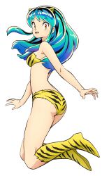 Rule 34 | 1girl, absurdres, aqua hair, bikini, boots, cone horns, full body, highres, horns, long hair, looking at viewer, lum, non-web source, official art, open mouth, orange eyes, pointy ears, solo, strapless, swimsuit, tiger stripes, transparent background, urusei yatsura