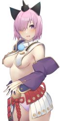 Rule 34 | 1girl, armor, asymmetrical sleeves, breast curtains, breasts, cosplay, detached sleeves, fate/grand order, fate (series), hair ornament, hair over one eye, hat, highres, japanese armor, light purple hair, long sleeves, looking at viewer, mash kyrielight, medium breasts, mismatched sleeves, open mouth, panties, pink panties, pinta (ayashii bochi), purple eyes, short hair, sideboob, simple background, solo, thighs, underwear, ushiwakamaru (fate), ushiwakamaru (fate) (cosplay), white background