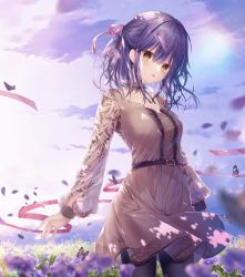 Rule 34 | 1girl, bad id, bad twitter id, belt, belt buckle, black belt, black pantyhose, blurry, blurry foreground, brown dress, buckle, bug, butterfly, cowboy shot, day, dress, field, floating hair, flower, flower field, hair between eyes, hair ribbon, hanahanamaki, highres, insect, long hair, long sleeves, looking at viewer, original, outdoors, pantyhose, pink ribbon, print sleeves, purple flower, purple hair, ribbon, short dress, solo, sousouman, standing, tongue, tongue out, yellow eyes