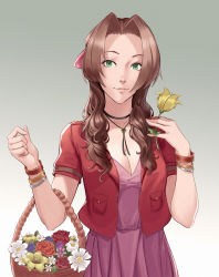Rule 34 | 1girl, aerith gainsborough, blue flower, bow, breasts, brown hair, cheshirrr, cleavage, commentary request, cropped jacket, dress, final fantasy, final fantasy vii, flower, green eyes, hair ribbon, highres, holding, holding flower, large breasts, long hair, looking at viewer, pink bow, pink dress, red flower, ribbon, smile, solo, square enix, wavy hair, white flower, yellow flower