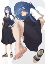 Rule 34 | 1girl, absurdres, arms behind back, barefoot, black dress, blue eyes, blue hair, blunt bangs, blush, breasts, closed eyes, commentary, commission, dress, english commentary, feet, footprints, full body, ghhoward, grey background, hand on own hip, high heels, highres, knees up, large breasts, legs, long hair, magia record: mahou shoujo madoka magica gaiden, mahou shoujo madoka magica, multiple views, nanami yachiyo, open mouth, pixiv commission, platform footwear, pleated dress, restrained, sandals, shirt, shoes, short sleeves, soles, toenails, toeprint, toes, unworn sandals, unworn shoes, wedge heels, white shirt, zoom layer
