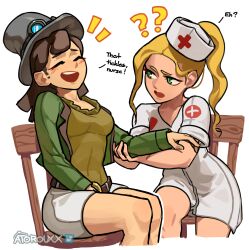 Rule 34 | 2girls, ?, ??, absurdres, atoroux, belt, blonde hair, breasts, chair, closed eyes, commentary, english commentary, goggles, goggles on headwear, green eyes, hat, highres, jacket, looking at another, multiple girls, nurse (terraria), nurse cap, open mouth, shirt, sitting, skirt, steampunker (terraria), terraria
