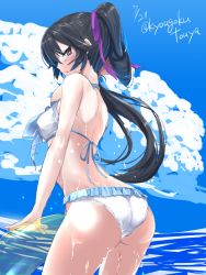 Rule 34 | 10s, 1girl, alternate costume, ass, bikini, black hair, breasts, cloud, day, female focus, frills, from behind, hair between eyes, kantai collection, kyougoku touya, large breasts, long hair, looking at viewer, looking back, open mouth, partially submerged, ponytail, red eyes, ruffling hair, scrunchie, sidelocks, solo, swimsuit, wading, wet, wet clothes, white bikini, yahagi (kancolle)