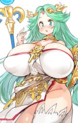 Rule 34 | 1girl, ancient greek clothes, armlet, belt, breasts, chiton, dress, forehead jewel, huge breasts, jewelry, kid icarus, laurel crown, multiple belts, nintendo, palutena, pendant, sachito, side slit, single thighhigh, solo, strapless, strapless dress, thighhighs, tiara, vambraces, white thighhighs