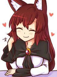 Rule 34 | 1girl, ^ ^, animal ears, blush, breasts, brooch, brown hair, closed eyes, collarbone, commentary, dress, english commentary, eyelashes, closed eyes, facing viewer, hair between eyes, hand in own hair, hand up, heart, image sample, imaizumi kagerou, jewelry, long hair, long sleeves, medium breasts, simple background, smile, solo, touhou, tumblr sample, upper body, white background, white dress, wolf ears, wool (miwol)