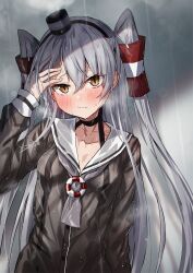 Rule 34 | 1girl, absurdres, amatsukaze (kancolle), black dress, blush, brown eyes, buttons, closed mouth, collarbone, commentary request, dress, grey hair, hair between eyes, hair tubes, highres, kantai collection, long hair, long sleeves, rain, sailor collar, solo, takanashi kei (hitsujikan), two side up, upper body, white sailor collar, windsock