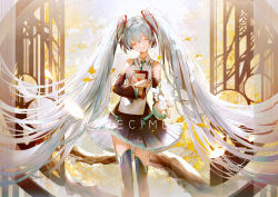 Rule 34 | 1girl, absurdly long hair, aqua hair, bai qi-qsr, bare shoulders, black thighhighs, bug, butterfly, closed eyes, closed mouth, commentary request, detached sleeves, falling leaves, hair between eyes, hair ornament, hatsune miku, hatsune miku (vocaloid4) (chinese), holding, insect, leaf, long hair, long sleeves, necktie, smile, solo, standing, thighhighs, twintails, very long hair, vocaloid