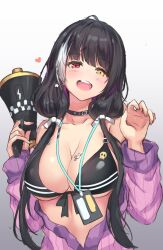 Rule 34 | 1girl, ahoge, alternate costume, bikini, black bikini, black hair, blue nails, blush, breast tattoo, breasts, cenangam, cleavage, collar, collarbone, earrings, front-tie top, girls&#039; frontline, hair over shoulder, head tilt, heterochromia, holding, holding megaphone, jewelry, lanyard, large breasts, long hair, looking at viewer, megaphone, multicolored hair, nail polish, name tag, off shoulder, open clothes, orange eyes, purple sweater, red eyes, ribbed sweater, ro635 (girls&#039; frontline), solo, star (symbol), star earrings, streaked hair, sweater, swimsuit, tattoo, teeth, twintails, upper body, upper teeth only, white hair, yellow eyes