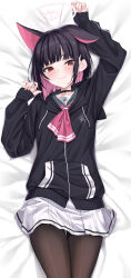 1girl absurdres animal_ears arm_up bed_sheet black_choker black_hair black_jacket black_pantyhose blue_archive blunt_bangs blunt_ends blush bob_cut cat_choker cat_ears cat_girl choker closed_mouth colored_inner_hair commentary_request dakimakura_(medium) extra_ears feet green_sailor_collar halo hand_up highres hood hood_down hooded_jacket jacket kazusa_(blue_archive) legs looking_at_viewer lying miniskirt multicolored_hair neckerchief on_back pantyhose pink_hair pink_halo pink_neckerchief pleated_skirt rama_(yu-light8) sailor_collar school_uniform serafuku short_hair skirt sleeves_past_wrists smile solo straight_hair thigh_gap toes white_skirt