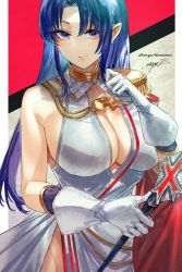 Rule 34 | 1girl, absurdres, azur lane, breasts, cape, cleavage, dress, epaulettes, evening gown, fate (series), gloves, halterneck, highres, holding, holding scepter, large breasts, looking at viewer, medea (fate), military, military uniform, pointy ears, purple eyes, purple hair, red cape, scepter, second-party source, signo aaa, solo, tirpitz (azur lane), tirpitz (iron blood snowstorm) (azur lane), uniform, white dress, white gloves