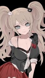 Rule 34 | 1girl, bear hair ornament, black background, black shirt, blonde hair, bow, breasts, cleavage, collarbone, danganronpa: trigger happy havoc, danganronpa (series), enoshima junko, hair ornament, highres, hwang (h751073), large breasts, long hair, looking at viewer, nail polish, necktie, red bow, red skirt, shirt, simple background, single bare shoulder, skirt, smile, solo, twintails, two-tone necktie