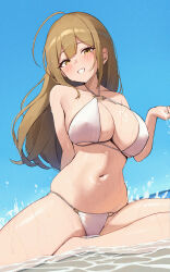 1girl absurdres ahoge bikini blue_sky blush breasts brown_hair cleavage commentary_request hair_between_eyes halterneck highres idolmaster idolmaster_shiny_colors kuwayama_chiyuki large_breasts long_hair looking_at_viewer navel o-ring o-ring_bikini outdoors sitting skindentation sky smile solo stomach swimsuit thighs wanimaru white_bikini yellow_eyes