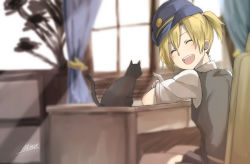 Rule 34 | 10s, 1girl, :d, blonde hair, cat, closed eyes, female service cap, gloves, hat, kantai collection, maikaze (kancolle), open mouth, ponytail, sitting, smile, solo, tsukamoto minori