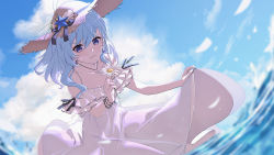 Rule 34 | 1girl, blue hair, blue sky, bracelet, cloud, cumulonimbus cloud, daisy, day, dress, earrings, flower, hair down, hat, hat ornament, holding, holding flower, hololive, hoshimachi suisei, jewelry, leaning forward, looking at viewer, medium hair, necklace, outdoors, parted lips, purple eyes, seashell, shell, skirt hold, sky, smile, solo, spaghetti strap, star (symbol), star hat ornament, star necklace, straw hat, sundress, virtual youtuber, white dress, white flower, whitem (whiteemperor2020)