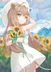 Rule 34 | 1girl, absurdres, ahoge, animal ears, arm up, bare arms, blue sky, cowboy shot, day, dress, flower, hat, highres, holding, holding flower, indie virtual youtuber, light brown hair, lion ears, lion girl, lion tail, long hair, outdoors, painterly, rurudo lion, rurudo lion (1st costume), signature, sketch, sky, solo, standing, sunflower, tail, thighs, white dress, white hat, wittmann (ehvr8373)