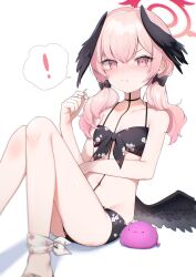 Rule 34 | !, 1girl, ankle ribbon, bikini, black bikini, black bow, black wings, blue archive, blush, bow, breasts, closed mouth, collarbone, feathered wings, feet out of frame, floral print, front-tie bikini top, front-tie top, hair between eyes, hair bow, halo, head wings, highres, knees up, koharu (blue archive), koharu (swimsuit) (blue archive), leg ribbon, long hair, looking at viewer, low twintails, low wings, nose blush, official alternate costume, pink eyes, pink hair, pink halo, playing with own hair, print bikini, ribbon, ryura (negi-mamire), simple background, sitting, small breasts, solo, spaghetti strap, speech bubble, spoken exclamation mark, swimsuit, twintails, white background, white ribbon, wings