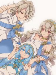 Rule 34 | 1boy, 2girls, age regression, aged down, azura (fire emblem), child, corrin (female) (fire emblem), corrin (fire emblem), corrin (male) (fire emblem), corrin (male) (fire emblem), dress, fire emblem, fire emblem fates, fire emblem heroes, grin, headdress, holding, holding hands, long hair, looking at viewer, multiple girls, nintendo, pointy ears, red eyes, renkonmatsuri, smile, thumbs up, wavy hair, white dress, white hair