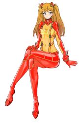 Rule 34 | 1girl, artist request, ass, bodysuit, breasts, crossed legs, curvy, evangelion: 2.0 you can (not) advance, full body, invisible chair, lips, long hair, looking at viewer, neon genesis evangelion, plugsuit, rebuild of evangelion, see-through, see-through bodysuit, shiny clothes, shiny skin, simple background, sitting, skin tight, solo, souryuu asuka langley, test plugsuit, thighs, two side up, very long hair, white background