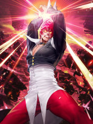 Rule 34 | 1boy, arms up, choker, cropped jacket, dark persona, grin, hair over one eye, hands up, highres, male focus, official art, orochi iori, pants, red eyes, red hair, red pants, shirt, smile, snk, solo, the king of fighters, the king of fighters all-stars, white shirt, yagami iori, yellow eyes