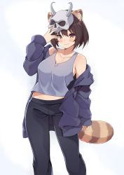 Rule 34 | 1girl, animal ears, arm up, black pants, blush, breasts, brown eyes, brown hair, closed mouth, collarbone, commission, highres, kaosu kun, large breasts, long sleeves, looking at viewer, original, pants, raccoon ears, raccoon tail, short hair, simple background, smile, solo, tail, tank top, white background