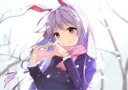 Rule 34 | 1girl, absurdres, animal ears, arms up, bare tree, blurry, blurry background, commentary, day, depth of field, diving penguin, english commentary, head tilt, heart, heart hands, highres, jacket, leaning back, light purple hair, long hair, long sleeves, looking at viewer, outdoors, overcast, pink eyes, pink scarf, rabbit ears, reisen udongein inaba, scarf, shirt, sky, smile, snowing, solo, standing, suit jacket, touhou, tree, upper body, very long hair, white shirt, winter