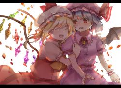 Rule 34 | 2girls, arm hug, bad id, bad pixiv id, bat wings, blonde hair, blouse, blue eyes, breasts, brooch, closed eyes, crystal, flandre scarlet, hat, hat ribbon, head on another&#039;s shoulder, jewelry, letterboxed, looking at another, mob cap, multiple girls, nail polish, open mouth, petals, pink headwear, pink shirt, pink skirt, piyo (sqn2idm751), puffy short sleeves, puffy sleeves, red hair, red nails, red skirt, red vest, remilia scarlet, ribbon, shadow, shirt, short hair, short sleeves, siblings, side ponytail, simple background, sisters, skirt, small breasts, teeth, touhou, upper body, upper teeth only, vest, white background, white headwear, white shirt, wings, wrist cuffs