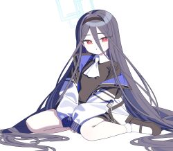 Rule 34 | &lt;key&gt; (blue archive), 1girl, black hair, blue archive, hair between eyes, hairband, halo, highres, jacket, long hair, mabera, mary janes, off shoulder, parted lips, red eyes, shoes, sitting, sleeves past wrists, socks, solo, very long hair, wariza, white socks
