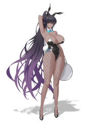 Rule 34 | 1girl, animal ears, arm up, armpits, bare shoulders, black hair, black leotard, blue archive, blue bow, blue bowtie, bow, bowtie, breasts, cleavage, colored tips, dark-skinned female, dark skin, detached collar, fake animal ears, fake tail, fishnet pantyhose, fishnets, full body, gloves, high heels, high ponytail, highleg, highleg leotard, highres, holding, holding tray, karin (blue archive), karin (bunny) (blue archive), kou (kokounene), large breasts, leotard, long hair, long legs, multicolored hair, official alternate costume, pantyhose, playboy bunny, ponytail, purple hair, rabbit ears, rabbit tail, shadow, shiny clothes, shiny skin, sidelocks, solo, strapless, strapless leotard, tail, thong leotard, tray, very long hair, white background, white gloves, wide hips, yellow eyes