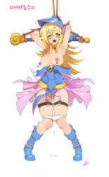 Rule 34 | 1girl, armpits, arms up, bdsm, blonde hair, blush, bondage, boots, bound, breasts, breasts out, choker, dark magician girl, duct tape, female focus, full body, green eyes, hat, highres, kim jin sung, knees together feet apart, korean text, large breasts, long hair, nipple piercing, nipples, object insertion, open clothes, open mouth, panties, panties around knees, panties around leg, panty pull, piercing, predicament bondage, pussy, pussy juice, remote control vibrator, restrained, rope, sex toy, signature, simple background, solo, staff, standing, sweat, trembling, uncensored, underwear, vaginal, vaginal object insertion, vibrator, wizard hat, yu-gi-oh!